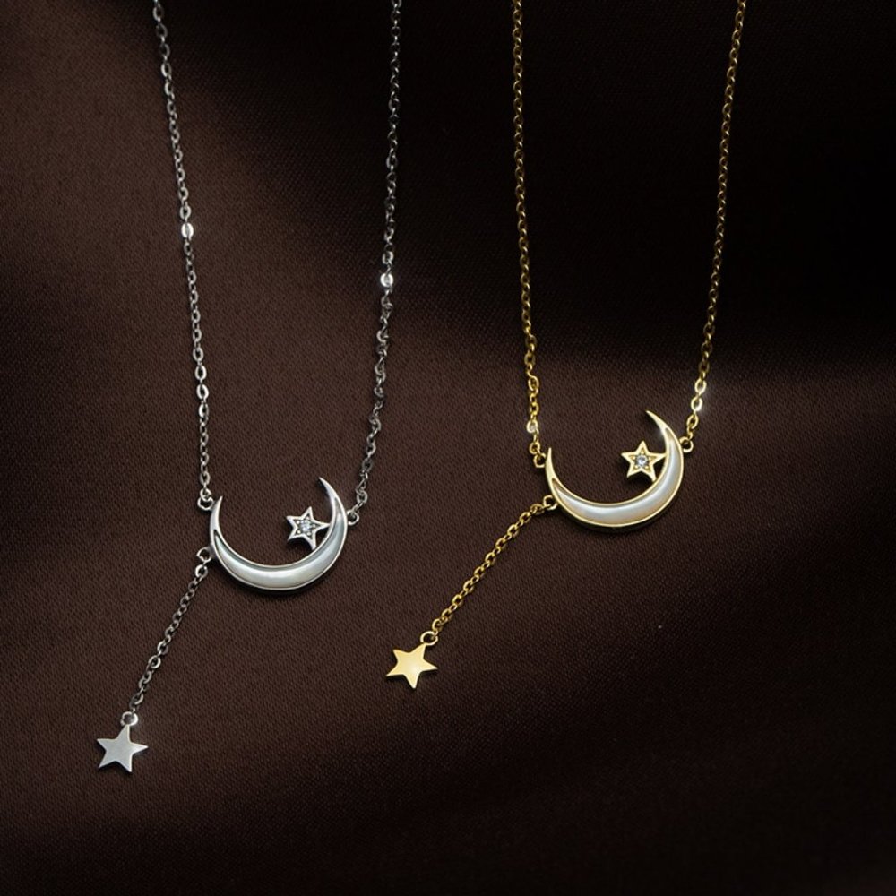 NEW Gold/925 Sterling Silver Moon Star Necklace A